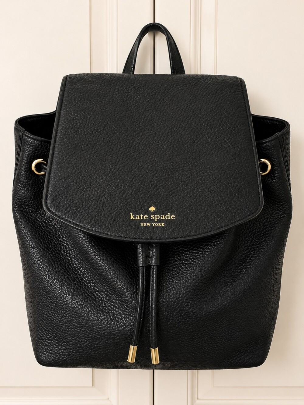 Kate Spade New York Black Pebbled Leather Mini Backpack Gold Tone Drawstring